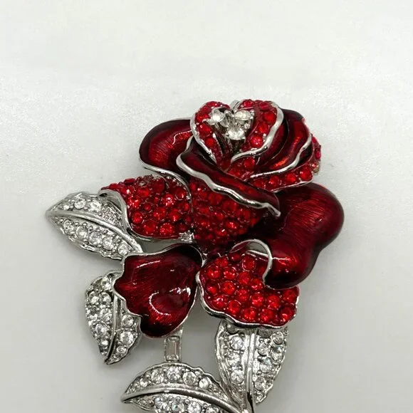 Vintage Nolan Miller Brooch First Lady Red Rose Nancy Regan Rhinestone Brooch - Picture 3 of 16